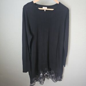 LOGO Lori Goldstein Black Sweater Lace Detail Hem Size M